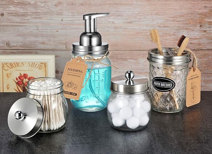 Amolliar Mason Jar Foaming Soap Dispenser Pump Lids (6 Pack), Refillable Foaming Pump Replacement for 16oz Regular Mouth Mason Jar, Waterproof Sticker, Kitchen Bathroom Farmhouse Decor, Brushed Nickel