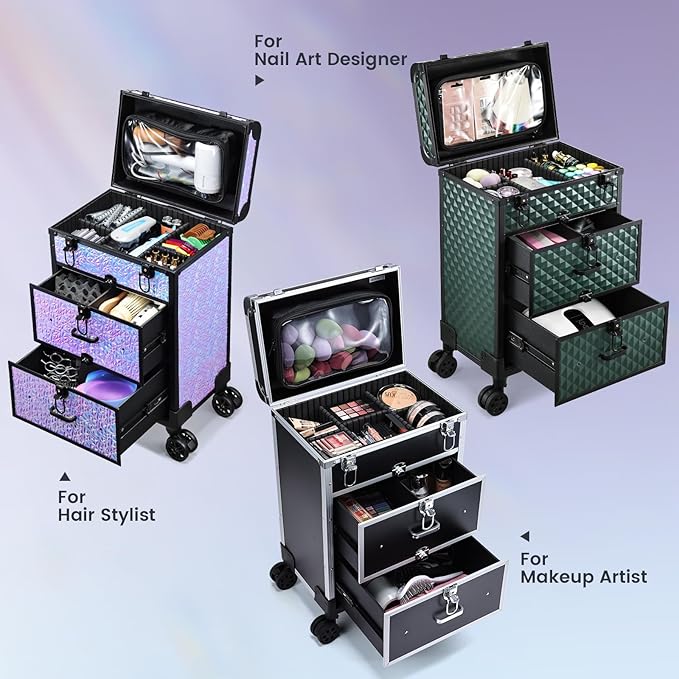 Adazzo Professional Rolling Makeup Train Case with Drawers, Large Cosmetic Trolley with Locks, Cosmetics Storage Organizer Make up Case for Travel Makeup/Nail Art/Hair Styling, Matte Black