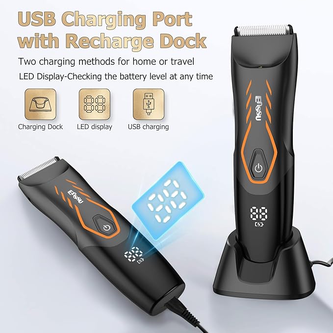Manscape Body Hair Trimmer for Men, Pubic Groin Hair Trimmer for Men with Safe Blade,Cordless Ball Shaver w/Light, Charging Dock,Waterproof Body Groomer Man,LED Display,1H Charge,Orange