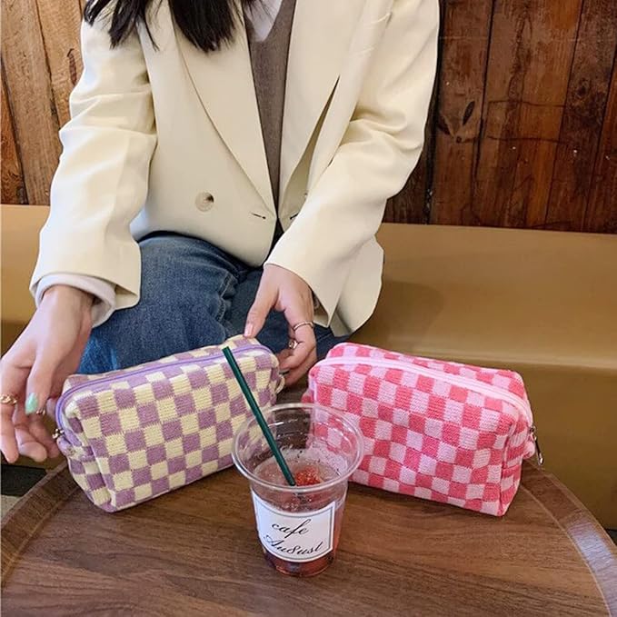 SxoSyo 2 Pcs Cosmetic Bags for Women Checkered Makeup Bag Purse Travel Toiletry Zipper Storage Pouch Make up Brushes Organizer for Gifts (Checkered, green & pink)