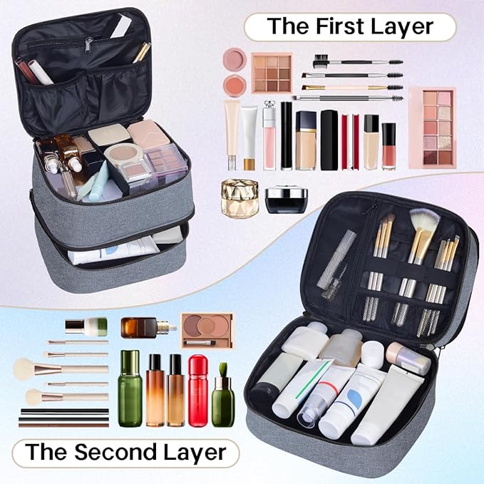 Double Layer Makeup Bag Portable Large Cosmetic Case Organizer with Adjustable Dividers Storage Travel Bag for Accessories Brushes Conditioner and Skin Care Products (Grey)