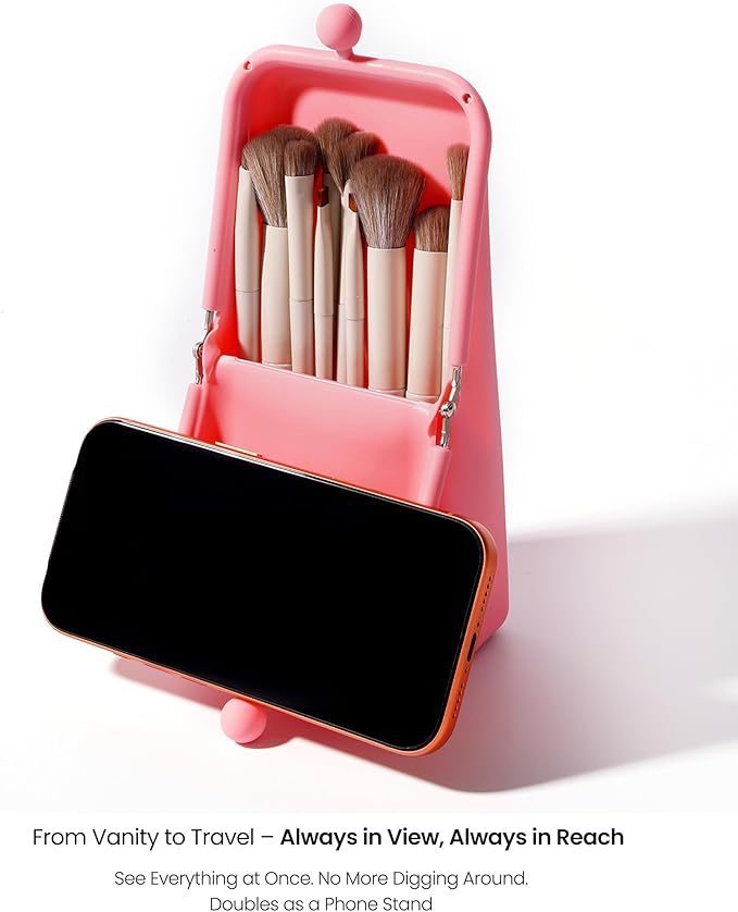 APT 1101 Makeup Brush Holder Travel Cosmetic Bag with Suction Base, Portable Cosmetic Organizer for Travel & Home, Organizer for Brushes, Beauty Tools & Accessories (Coral)