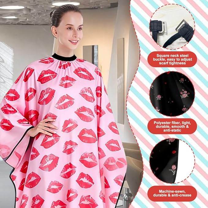 Salon Cape for Women,Adjustable Hair Cutting Cape,Professional Large Barber Stylist Hairdresser Cape,Waterproof & Light Weight & Machine Washable- 63”× 56” (Big Red Lips)