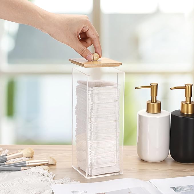Acrylic Clean Pad Storage Box Vertical Cotton Pads Holder Square Makeup Pad Dispenser with Lid Clear Bathroom Countertop Vanity Organizer