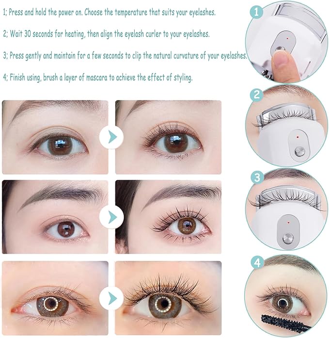 Heated Eyelash Curlers, Metal Version Heated Lash Curler 3 Heating Modes Rechargeable Electric Eyelash Curlers for Quick Natural Curling &Long Lasting(White)