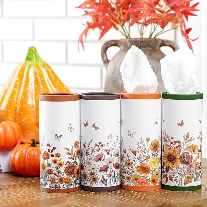 12 Pack Spring Floral Tissue Boxes for Car Cylinder Bulk Wildflower Round Cylinder Holder with 3 Ply Facial Tissues for Spring Travel Bathroom Office Decoration Supplies