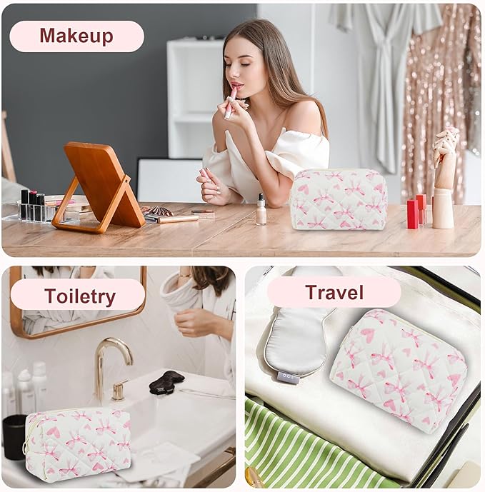 Quilted Makeup Bag Floral Cotton Make up Bag Puffy Coquette Makeup pouch Aesthetic Cute Travel Toiletry Bag for Women Girls
