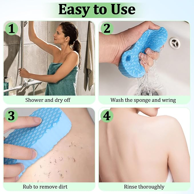 2Pcs Magic Exfoliating Bath Sponge, 3D Ultra Soft Deep Cleansing Body Sponge with Lanyard, Gently and Painlessly Removes Dead Skin & Impurities, Skin Friendly Reusable Sponges (Blue + Dark Green)