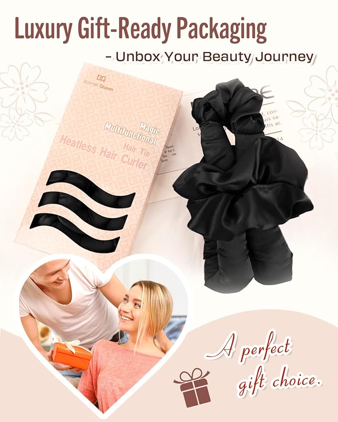 BONNET QUEEN Heatless Hair Curler for Heatless Curls Overnight, All-in-One Sleepy Tie Satin Curling Rod, Hair Curlers to Sleep In, Overnight Blowout Rods, Hair Rollers for Women Long Hair, Black