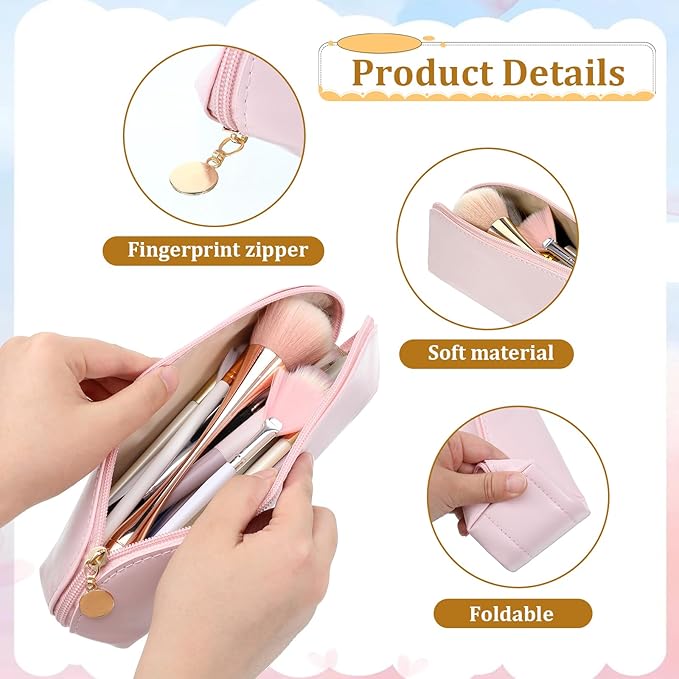 Prasacco Leather Makeup Brush Bag With Zipper, Portable Travel Cosmetic Organizer Case, Compact Toiletry Pouch For Daily Work Essentials