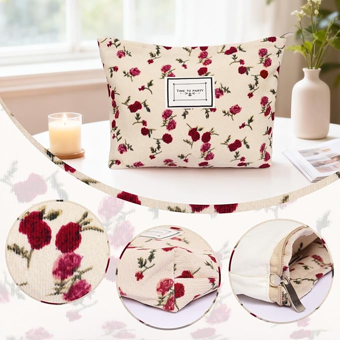 1pcs Floral Makeup Bag for Women Travel Cosmetic Pouch Toiletry Organizer for Skincare Brushes and Daily Essentials 8.27x7.28x1.97 inch(Flower-1, Beige)