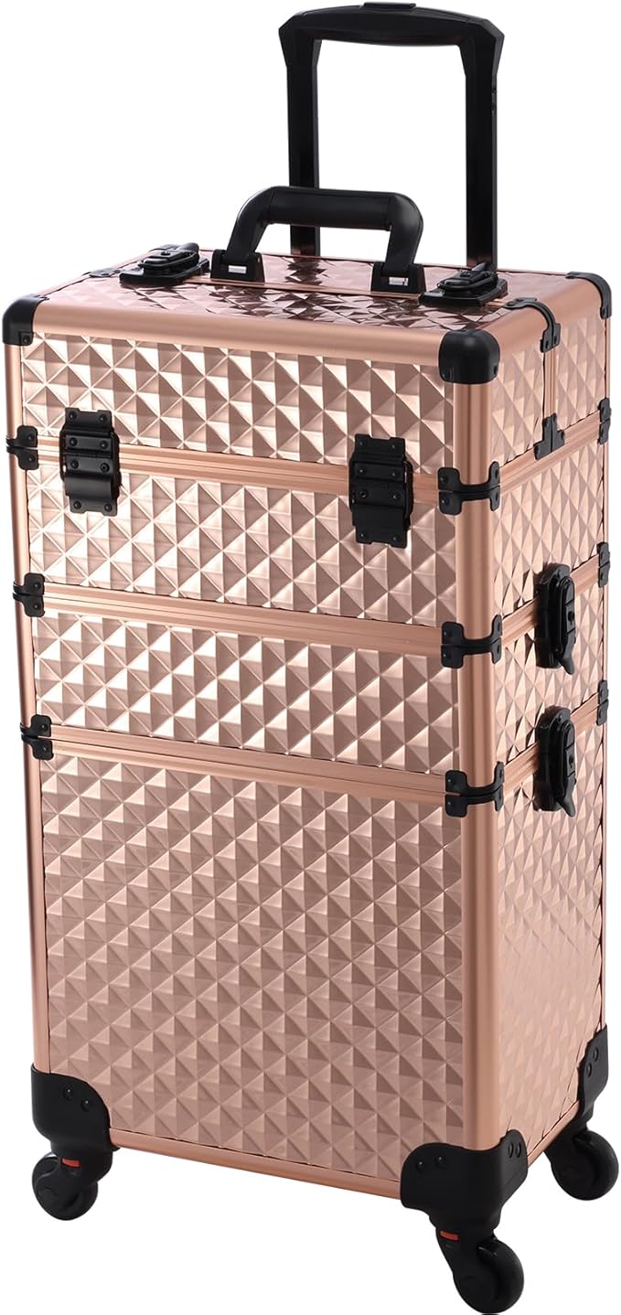 Frenessa Rolling Makeup Train Case 3 in 1 Professional Cosmetic Trolley Large Storage with keys Swivel Wheels Salon Barber Case Traveling Cart Trunk for Make Up Nail Tech - Vintage Rose Gold