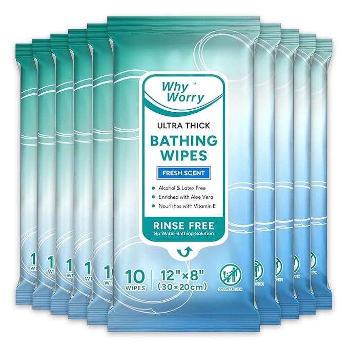WhyWorry Ultra Thick Bathing Wipes for Adults Rinse Free, Large Body Wipes for Women, Men, Elderly Care & Cleaning, 8" x 12" Disposable Shower Washcloths for Gym & Camping, Fresh Scent, 100 Count