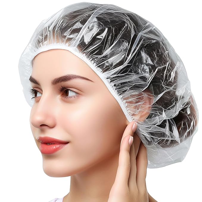 Smilco Disposable Shower Caps 100PCS - 20.4 Inch Large Plastic Clear Hair Cap, Thick Elastic Waterproof Bath Caps - Travel Essentials, Bathing Accessories