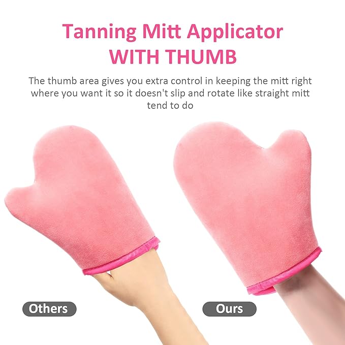 Boao 5 Pieces Self Tanning Mitt Applicator Kit, Includes Tanning Mitt, Exfoliating Glove, Mini Face Glove, Back Lotion Applicator, and Large Brush Makeup(Pink)