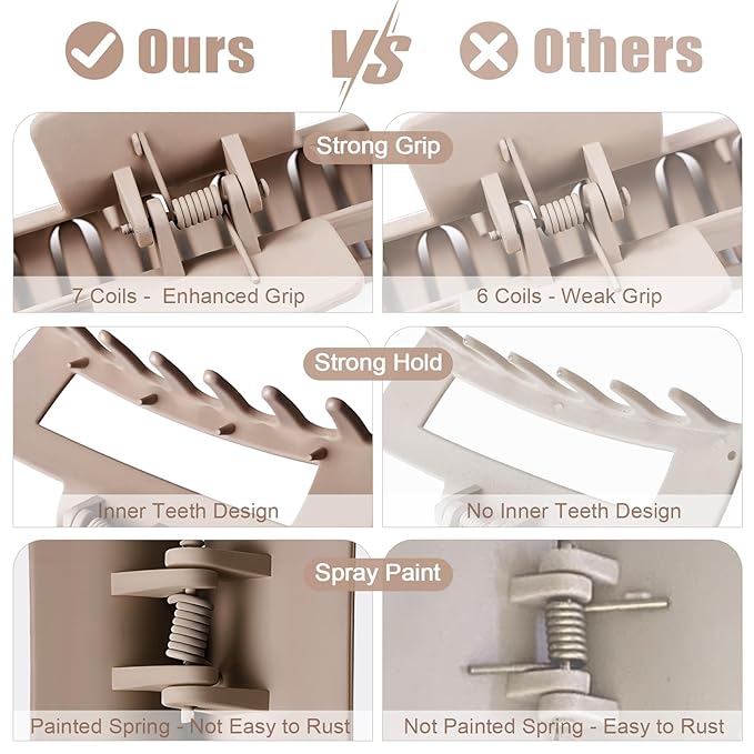 TOCESS Hair Claw Clips for Women - 8PK Large Neutral Matte Square Jumbo Hair Clips for Thick, Thin, Long, Short, Curly Hair Girls, Big Jaw Clip Set for Daily Use (Camel Khaki)