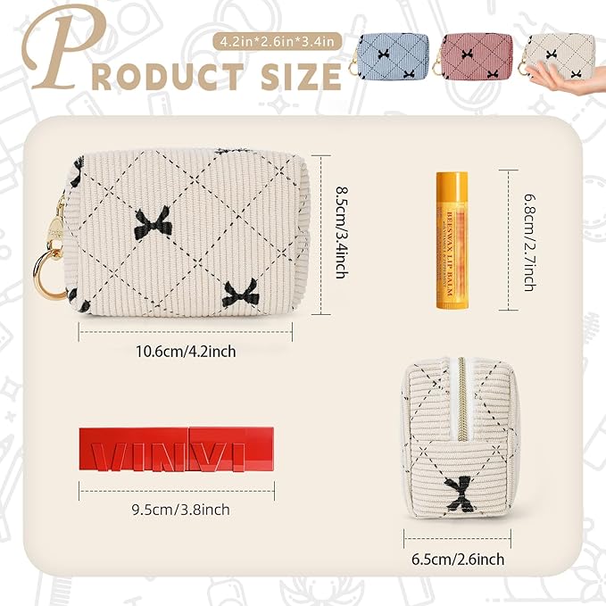 Mini Makeup Bag, Corduroy Small Cosmetic Bag for Purse with Ring Buckle, Bow Tie Travel Makeup Pouch for Lipsticks, Chapsticks, Coin, Earphone, Credit Card (Light Purple)