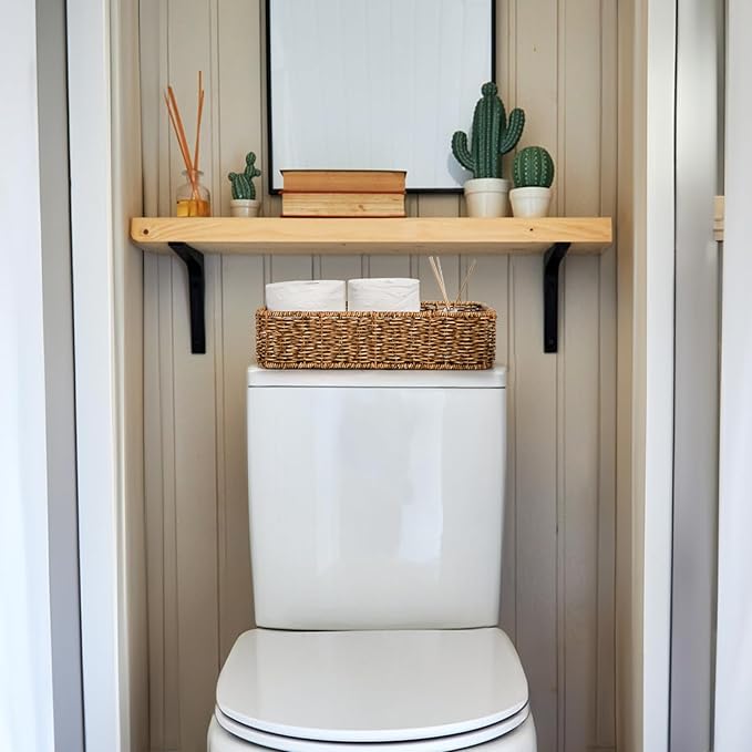 2 Pack Toilet Tank Basket, Handwoven Rectangular Wicker Shelf Baskets for Organizing, Decorative Countertop Storage Bin with Built-in Handle for Bathroom Tank Top, Bedroom Closet