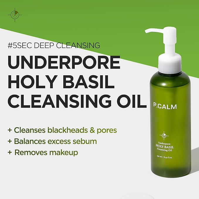 P.CALM Underpore Holy Basil Cleansing Oil – Holy Basil & Tea Tree for Deep Pore Cleansing, Blackhead Removal, and Makeup Removal, Korean Skincare (190ml / 6.42 fl.oz)