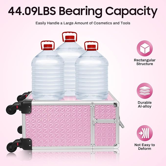 Rolling Makeup Case, Aluminum Cosmetic Train Cases with Drawer Rolling Makeup Cart Cosmetic Organizer 3 Tier Travel Case Salon Barber Case for Makeup Tattooist Nail Tech Hairstylists