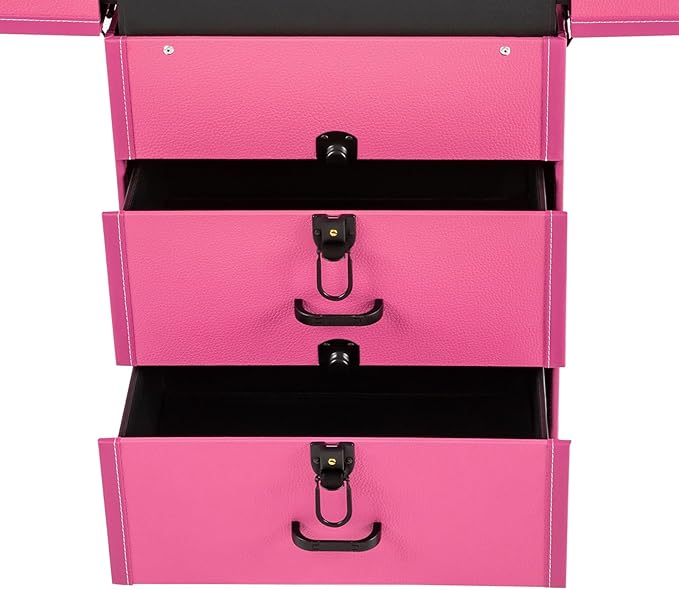 Rolling Makeup Train Case with Wheels and Mirror, Lockable Portable Cosmetic Organizer Trolley, Large Make up Cosmetic Orgainzer, Pro Makeup Artists Multifunction Cosmetics Trolley Train Case (Rose)