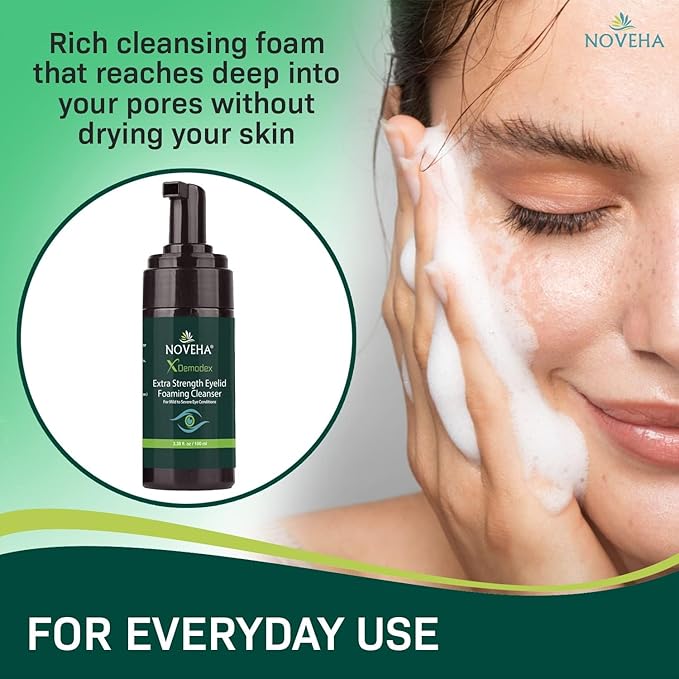 NOVEHA Demodex Eyelid Cleanser Foam | Extra Strength Tea Tree Oil Formula | Daily Face Wash For Eyelash, Demodex, MGD, Stye Eyes, Eye Irritations & Skin Dryness, 3.38 fl oz (3 Pack)