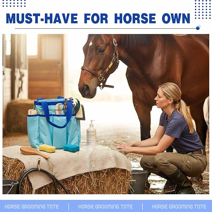 Abbylike Grooming Tote Bag for Horses and Dogs Organize Tack Tools Equestrian Grooming Kit Care Portable with Multiple Pockets for Supplies(Vintage,15 x 12 x 5.5 Inches,Blue)