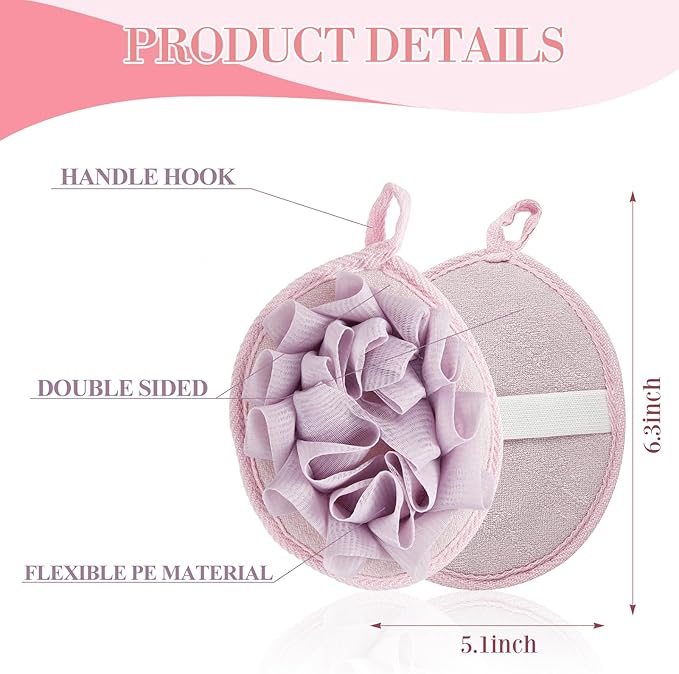 Boao 3 Pcs Bath Shower Pouf Sponge Mesh Pouf Shower Ball Exfoliating Body Sponge Pad Scrubber Glove with Flower Bath Ball (Purple)