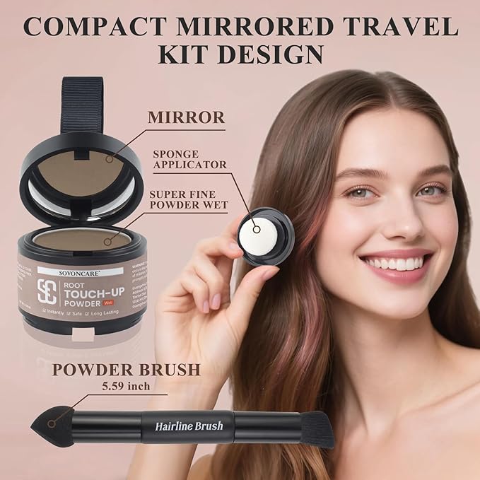 SOVONCARE Wet Hairline Powder for Women & Men - Hair Root Touch Up Powder for Grey Coverage, Thinning Hair & Bald Spots, Stays All Day - Instant Root Cover Up, Includes Brush（Light Blonde 0.14 Oz）