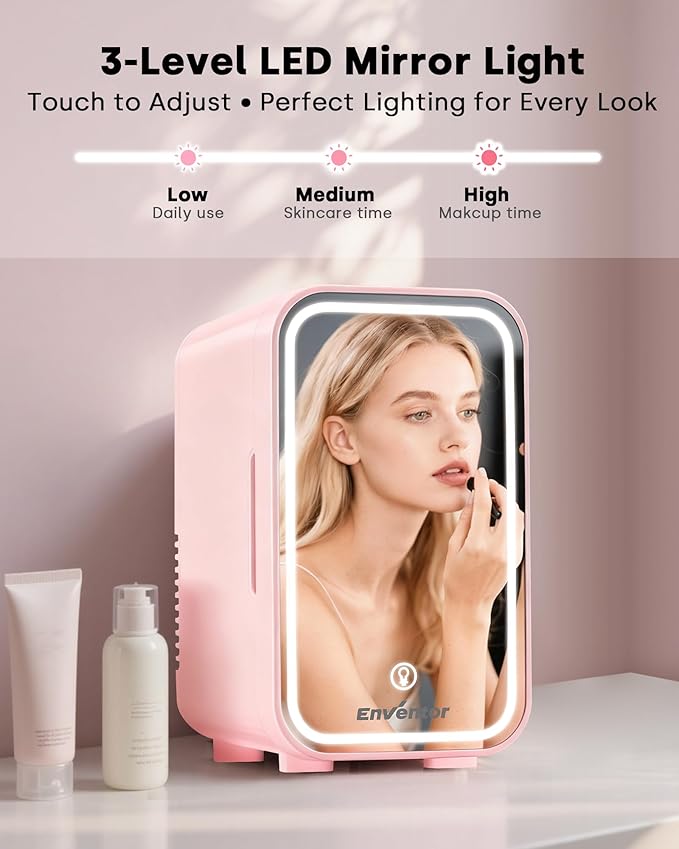 Enventor Mini Skincare Fridge Small Refrigerator for Bedroom, Beauty Fridge for Makeup with Dimmable LED Mirror, 6 L / 8 Cans Compact Portable Cooler for College Dorm, Office, Car, Pink