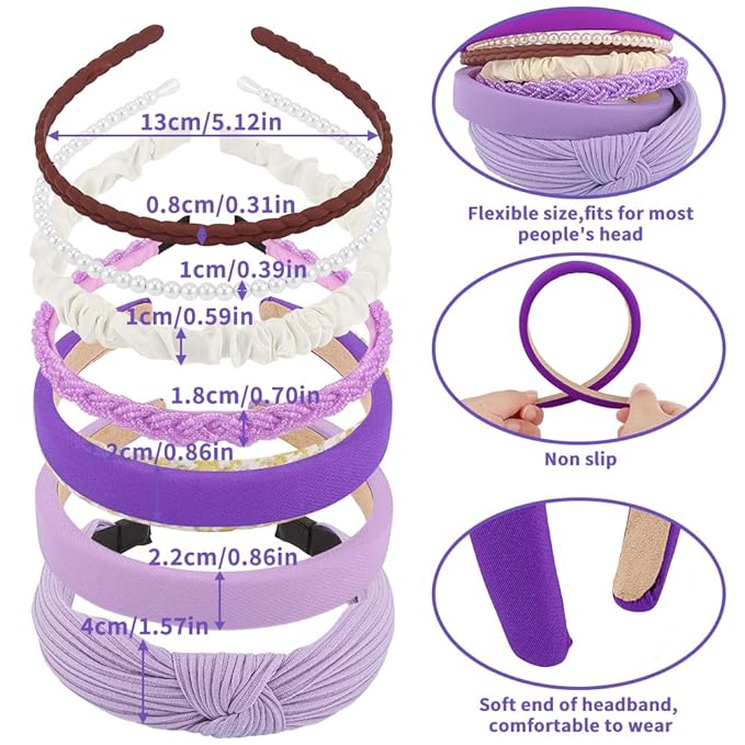AHONEY 7 Pack Purple Headbands for Girls Women Headbands Non Slip Hairbands Lavender Hair Accessories Multi-style Rapunzel Headband Pack Diademas Para Mujer