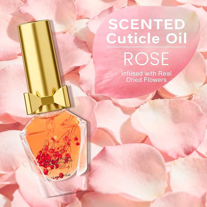 JIASHENG Cuticle Oil, Scented Cuticle Nail Oil Infused with Flowers, Hydrates, Moisturizes, Strengthens, Repairs, Revitalizing Cuticle Oils for Nails Damage Dry Cuticle, Rose, 12ml