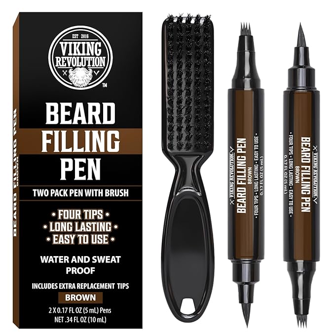 Viking Revolution Beard Pen (2 Pack) - Brown Beard Pencil Filler for Men Lapiz para Barba de Hombre - Beard Filler for Men Waterproof Beard Filling Pen Kit - Long Lasting Beard Filler Pen with Brush