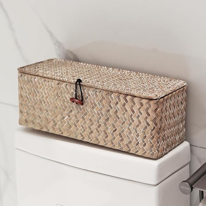 Seagrass Storage Basket for Bathroom - Wicker Toilet Tank Basket with Lid - Woven Storage Box for Organizing (Whitewash, 13" x 5" x 4.3")