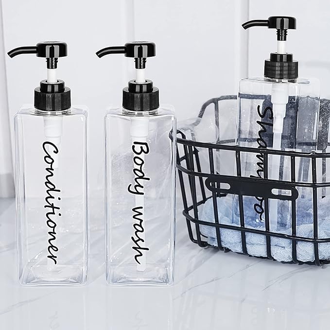 Shampoo Dispenser - Refillable Shampoo and Conditioner Bottles (Clear, Set of 3, 21oz) - Modern Shampoo Bottles for Shower Soap - Empty Shampoo Conditioner Body Wash Dispenser Set - for Bathroom