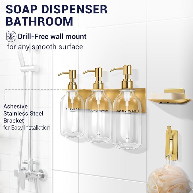 KLL Shampoo and Conditioner Dispenser - 3 Soap Dispenser Bathroom Wall Mount No Drill, Soap Holder, Hook - Refillable Shower Dispenser Pump Bottle for Bathroom Shower Accessories (Transparent)