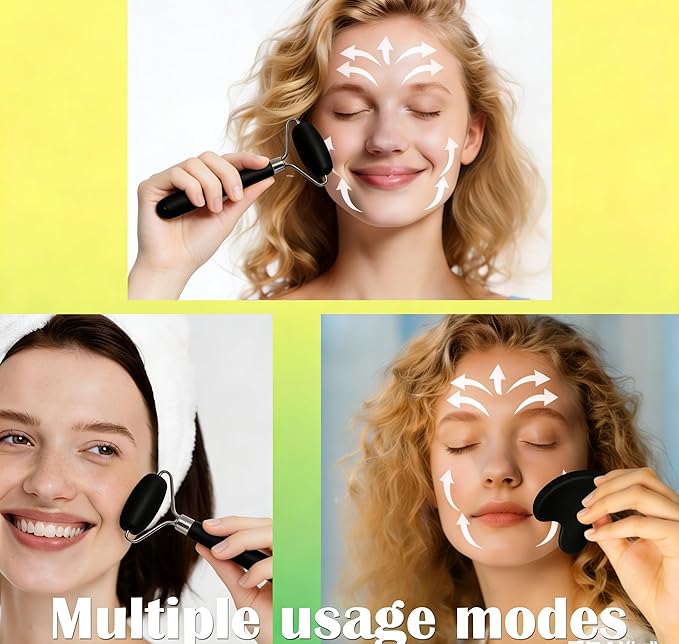 Jade Roller Gua Sha Tools – Nature Gua Sha Facial Tool Skin Tightening Face Massager Anti-Aging Jade Face Roller Puffiness Reducing Guasha Stone for Women Men (Black)