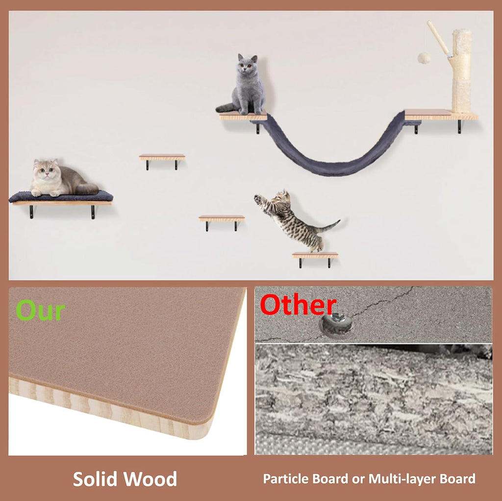 Wall Mounted Cat Climber Set, Cat Wall Shelves,Cat Wall Furniture Set,with Hammock,Jumping Boards,Sofa,Steps,Scratching Post,Hanging Ball and Felt Pads, Suit for Cats Climb, Jump,Scratch-Dark