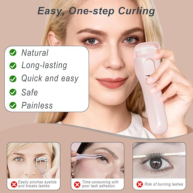 Heated Eyelash Curler, Type-C Rechargeable with 3 Temp Settings & Safe Silicone Pad for Natural Curls, Travel-Friendly (Pink)