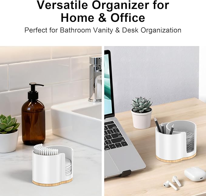 Cotton Pad and Swab Holder, Q tip Holder Round Cotton Pad Dispenser Plastic Cotton Swabs Dispenser, Bathroom Accessories Storage Organizer for Cotton Pads Floss Picks, White