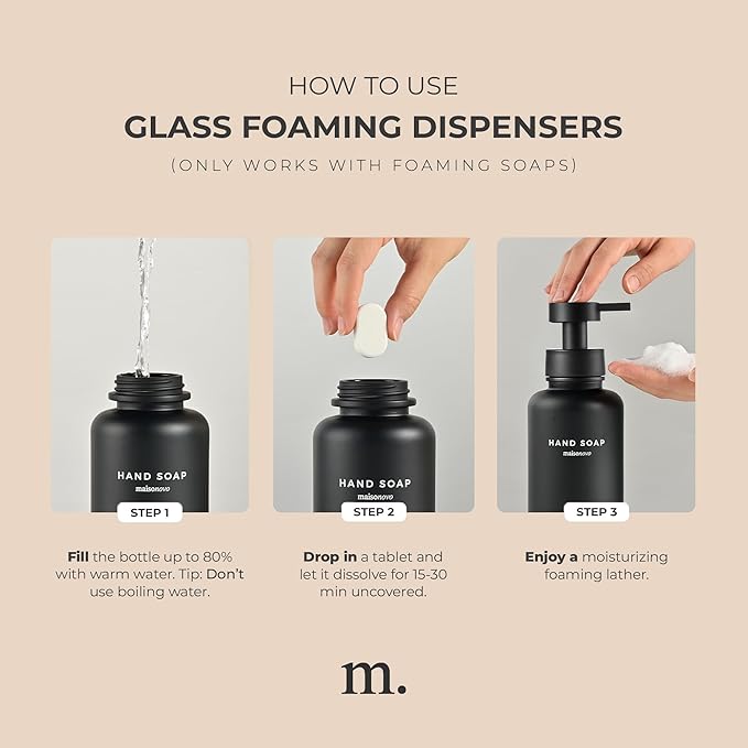 MaisoNovo Glass Foaming Soap Dispenser | Black Glass Black Pumps x 2 with Tray