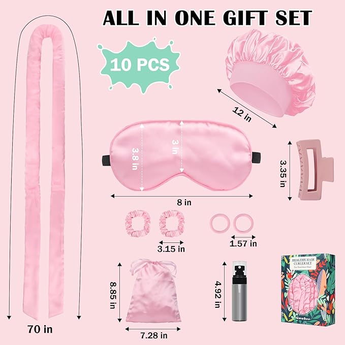 Satin Heatless Curls Overnight Hair Curlers to Sleep In Hair Curler Rollers No Heat Hair Wrap for Curls Headband, 70" Satin Heatless Curling Rod Set for Women Long Waves Hair Volume-Pink 10PCS