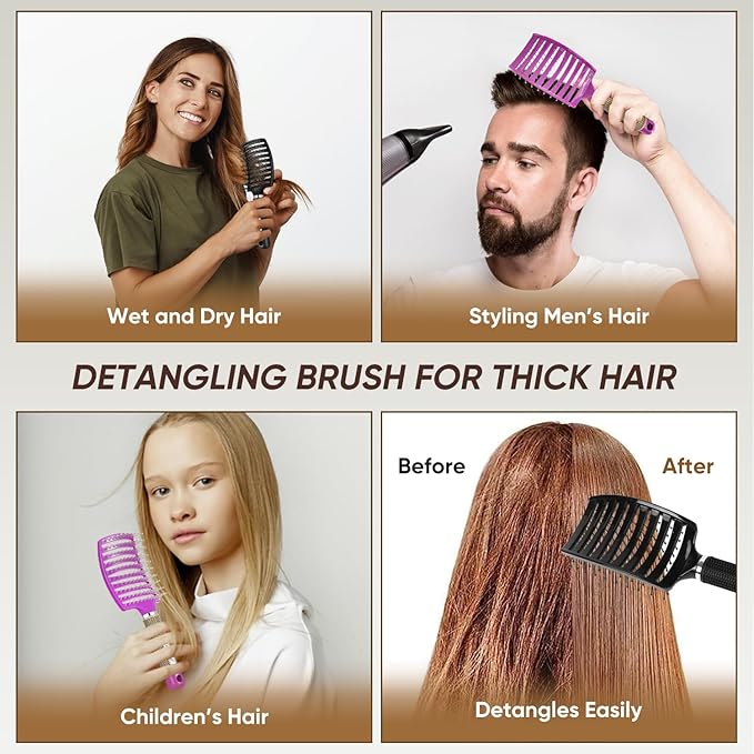 2 Pack Curved Vented Detangling Brush for Wet and Dry Hair, Paddle Styling Hair Brush for Faster Blow Drying, Detangler Brush for Women Men Curly Thick Hair