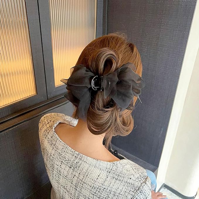 Black Mesh Tulle Bowknot Hair Claw Clips - Large Chiffon Clips for Women's Thick Hair, Elegant Hair Accessories