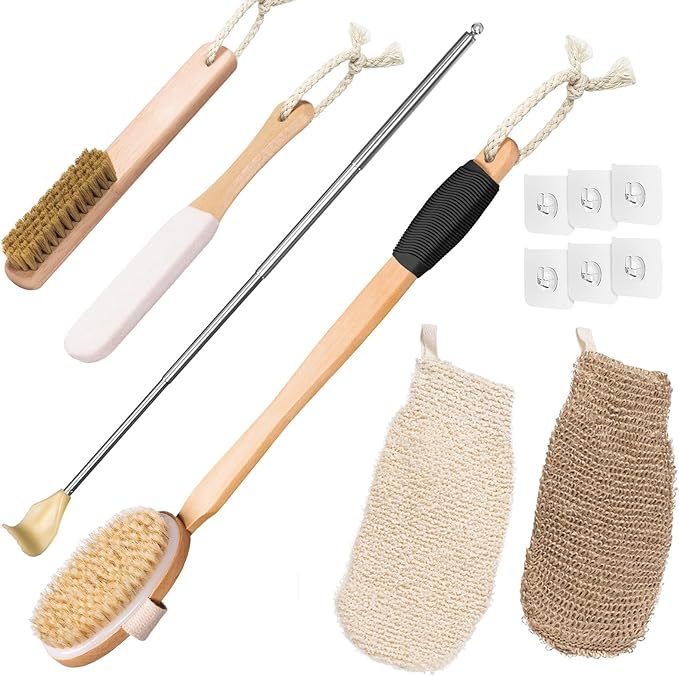 Wood Bath Brush,Long Handle Body Back Scrubber with Soft and Natural Bristles Antiskid Shower Brush Set for Bathroom Wet or Dry Exfoliating (6 Pack) (19.3''Long Handle)