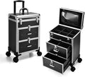 Adazzo Professional Rolling Makeup Train Case with Drawers, Large Cosmetic Trolley with Locks, Cosmetics Storage Organizer Make up Case for Travel Makeup/Nail Art/Hair Styling, Matte Black