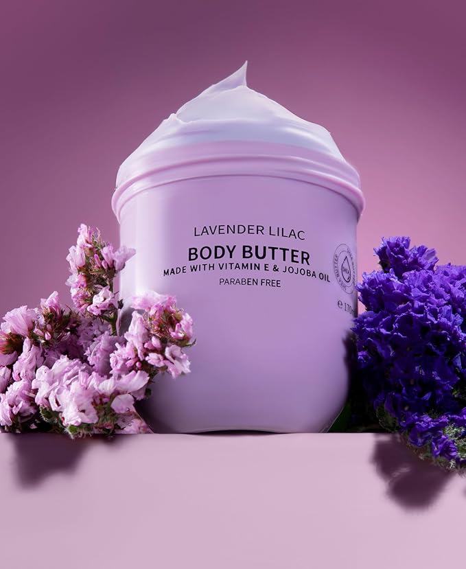 LOVERY Lavender Lilac Body Butter - Shea Cream with Jojoba Oil & Vitamin E - Hydrating Natural Moisturizer for Hands - 12 Fl Oz