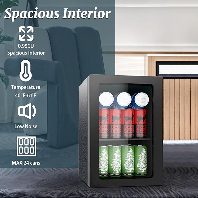 Compact Freestanding Beverage Refrigerator, 25 Can/0.95 Cubic Feet Mini Fridge with Front Door for Soda, Beer or Wine, Under Counter Small Refrigerator with Adjustable Shelves