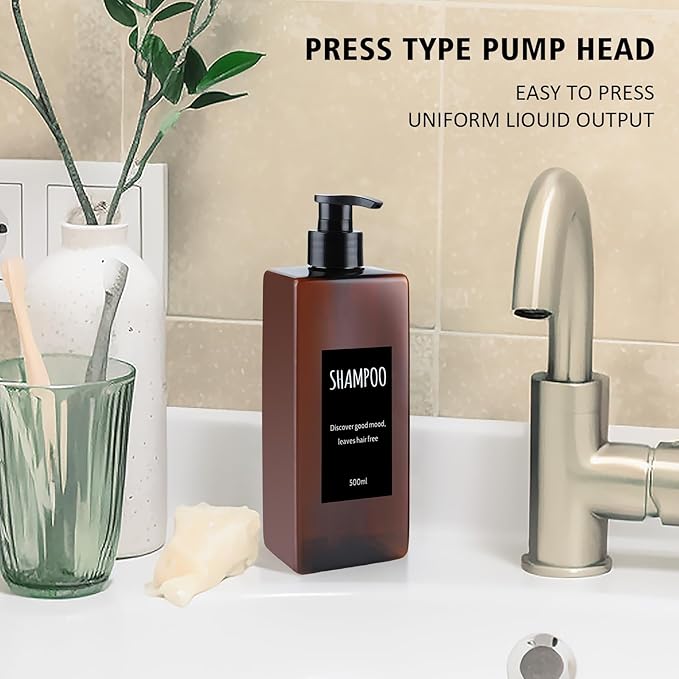 Shampoo and Conditioner Dispenser (Set of 2, 16.9oz) Modern Refillable Shampoo Pump Bottles for Shower Soap - Empty Body Wash Dispenser Set for Bathroom (Amber)