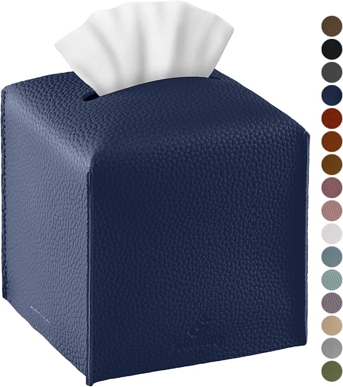 Tissue Box Cover, Jeethemy Square PU Leather Tissue Box Holder, Modern Tissue Case Facial Paper Organizer Dispenser，5X5X5'',Single Navy Blue